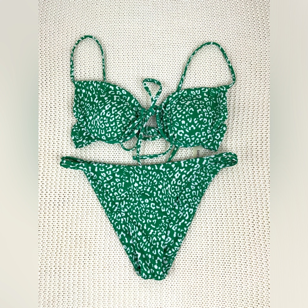 Shein Green and White Bikini, Size M